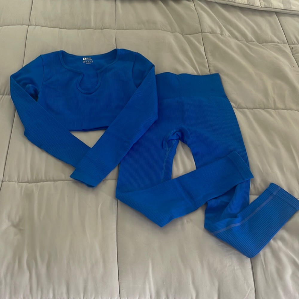 Royal blue matching workout set.